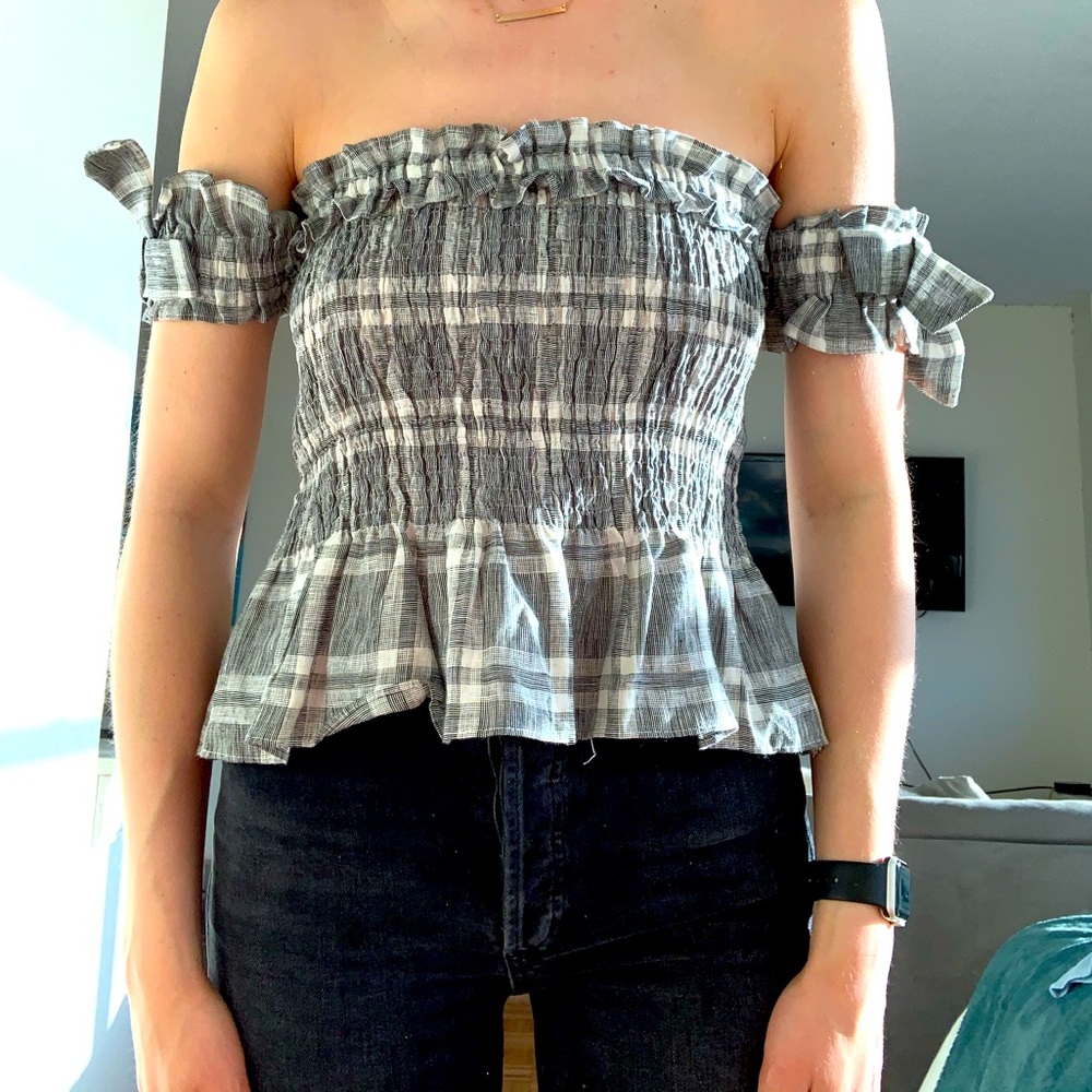 plaid off the shoulder blouse
